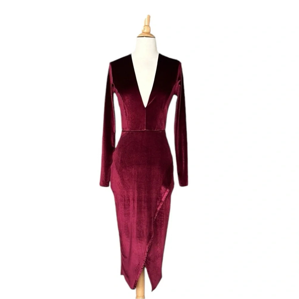 CLUB L‎ Burgundy Velvet MIDI Dress Plunging Neck Faux Wrap US Size 8